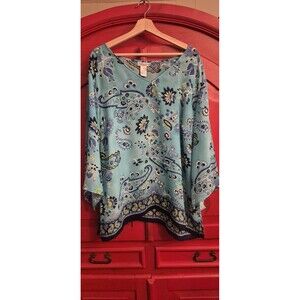 Michele Michele 2X Turquoise Dressy Blouse Top Shirt Sequin Accents Paisley EUC